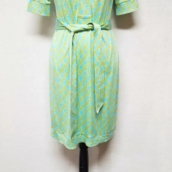 Rare Lilly Pulitzer Stretchy Silk Green Blue Houndstooth V-neck Belted Dress 4 - Picture 6 of 11